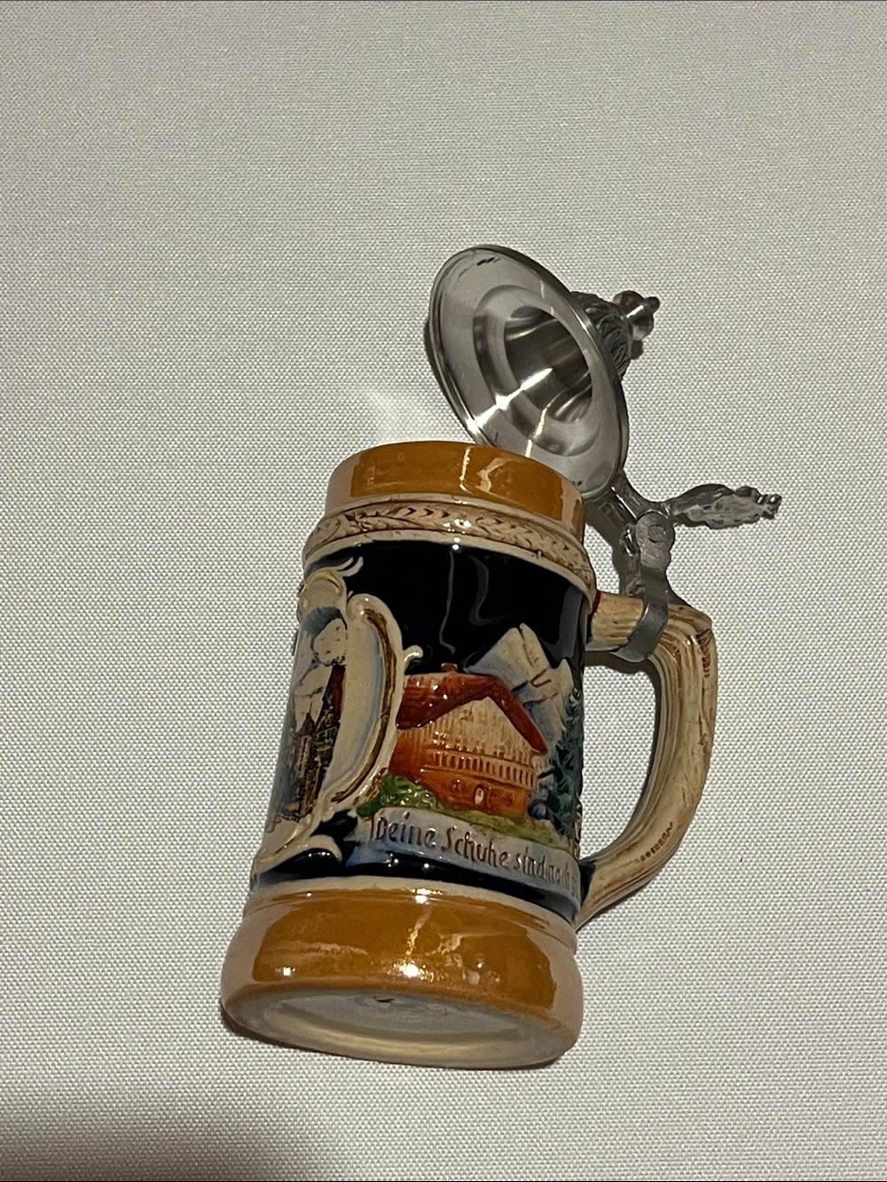 Small German Ceramic Beer Stein with Pewter Lid - Brown and Black